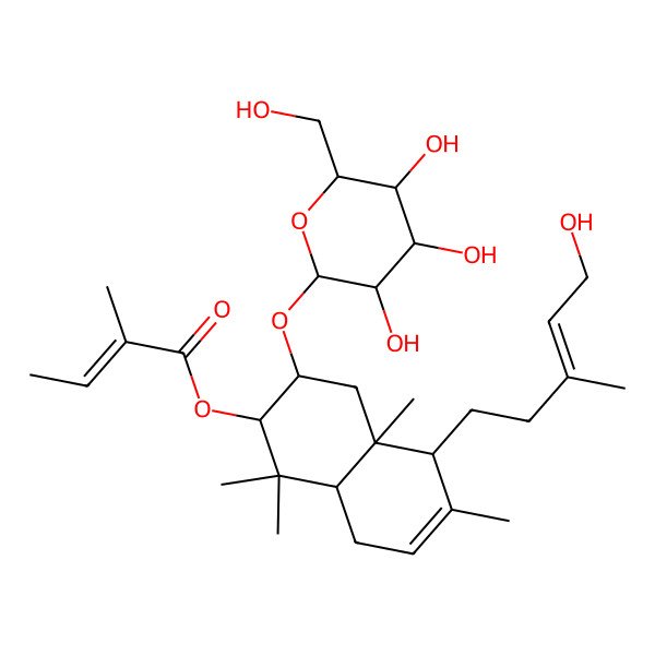 2D Structure of [(2S,3S,4aS,5R,8aS)-5-[(E)-5-hydroxy-3-methylpent-3-enyl]-1,1,4a,6-tetramethyl-3-[(2R,3R,4S,5S,6R)-3,4,5-trihydroxy-6-(hydroxymethyl)oxan-2-yl]oxy-2,3,4,5,8,8a-hexahydronaphthalen-2-yl] (Z)-2-methylbut-2-enoate