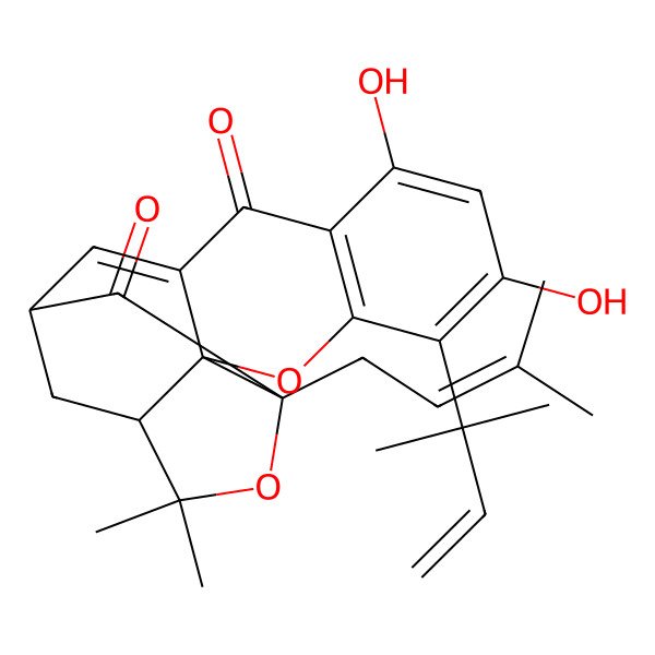 2D Structure of (1S,13S,15R)-6,8-dihydroxy-17,17-dimethyl-5-(2-methylbut-3-en-2-yl)-15-(3-methylbut-2-enyl)-3,16-dioxapentacyclo[11.4.1.02,11.02,15.04,9]octadeca-4(9),5,7,11-tetraene-10,14-dione