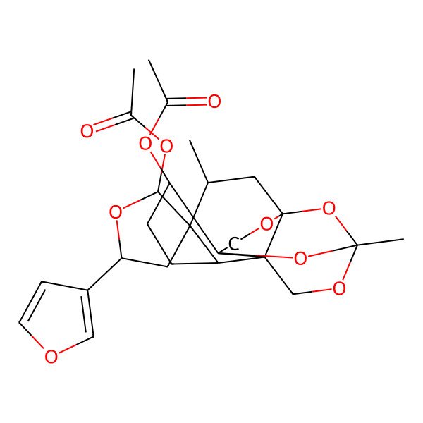 2D Structure of [2'-Acetyloxy-5'-(furan-3-yl)-3,13-dimethylspiro[12,14,15,17-tetraoxapentacyclo[7.5.2.19,13.01,10.05,10]heptadecane-4,3'-oxolane]-8-yl] acetate