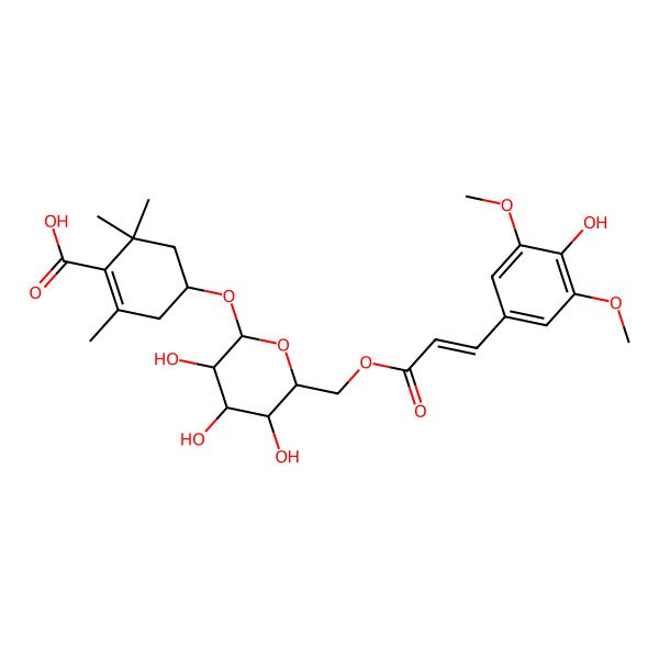 2D Structure of (4R)-2,6,6-trimethyl-4-[(2R,3R,4S,5S,6R)-3,4,5-trihydroxy-6-[[(E)-3-(4-hydroxy-3,5-dimethoxyphenyl)prop-2-enoyl]oxymethyl]oxan-2-yl]oxycyclohexene-1-carboxylic acid
