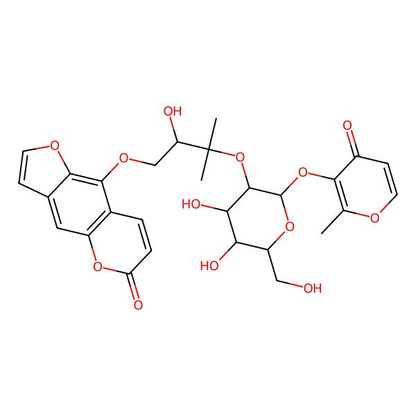 2D Structure of 9-[3-[4,5-Dihydroxy-6-(hydroxymethyl)-2-(2-methyl-4-oxopyran-3-yl)oxyoxan-3-yl]oxy-2-hydroxy-3-methylbutoxy]furo[2,3-g]chromen-6-one
