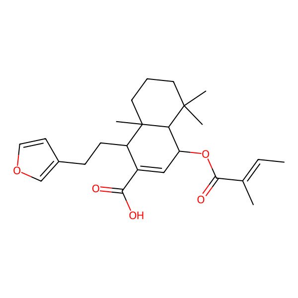2D Structure of (1R,4S,4aS,8aR)-1-[2-(furan-3-yl)ethyl]-5,5,8a-trimethyl-4-[(Z)-2-methylbut-2-enoyl]oxy-1,4,4a,6,7,8-hexahydronaphthalene-2-carboxylic acid