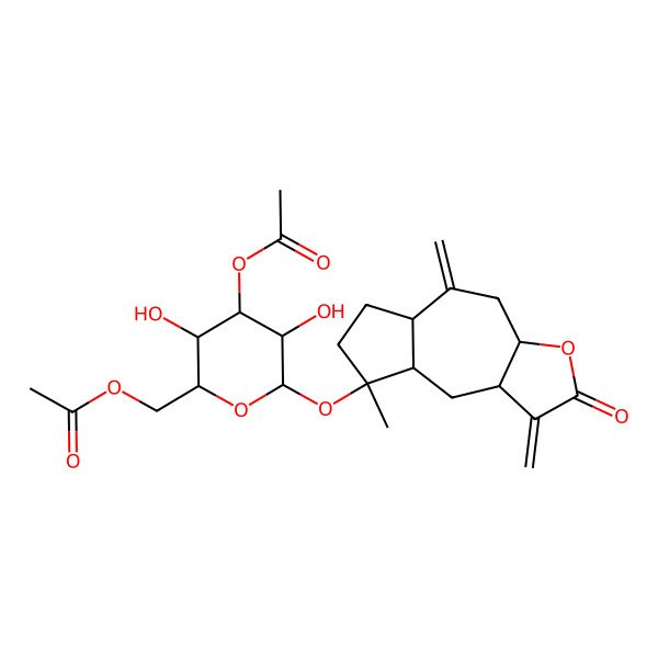 2D Structure of [(2R,3R,4S,5R,6S)-6-[[(3aR,5aS,8R,8aR,9aR)-8-methyl-1,5-dimethylidene-2-oxo-3a,4,5a,6,7,8a,9,9a-octahydroazuleno[6,7-b]furan-8-yl]oxy]-4-acetyloxy-3,5-dihydroxyoxan-2-yl]methyl acetate