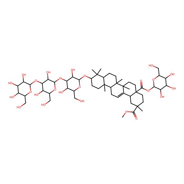2D Structure of 2-O-methyl 4a-O-[3,4,5-trihydroxy-6-(hydroxymethyl)oxan-2-yl] 10-[4-[3,5-dihydroxy-6-(hydroxymethyl)-4-[3,4,5-trihydroxy-6-(hydroxymethyl)oxan-2-yl]oxyoxan-2-yl]oxy-3,5-dihydroxy-6-(hydroxymethyl)oxan-2-yl]oxy-2,6a,6b,9,9,12a-hexamethyl-1,3,4,5,6,6a,7,8,8a,10,11,12,13,14b-tetradecahydropicene-2,4a-dicarboxylate