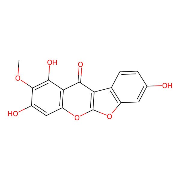 2D Structure of 11H-Benzofuro(2,3-b)(1)benzopyran-11-one, 1, 3,8-trihydroxy-2-methoxy-