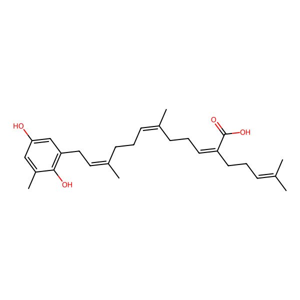 2D Structure of 12-(2,5-Dihydroxy-3-methylphenyl)-6,10-dimethyl-2-(4-methylpent-3-enyl)dodeca-2,6,10-trienoic acid 2D Structure of 12-(2,5-Dihydroxy-3-methylphenyl)-6,10-dimethyl-2-(4-methylpent-3-enyl)dodeca-2,6,10-trienoic acid