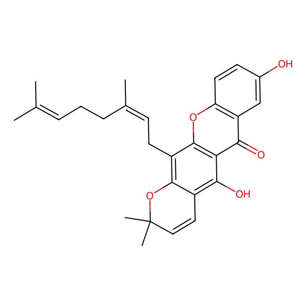 2D Structure of 12-[(2E)-3,7-dimethylocta-2,6-dienyl]-5,8-dihydroxy-2,2-dimethylpyrano[3,2-b]xanthen-6-one