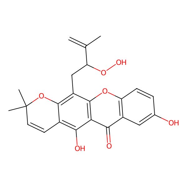 2D Structure of 12-[(2S)-2-hydroperoxy-3-methylbut-3-enyl]-5,8-dihydroxy-2,2-dimethylpyrano[3,2-b]xanthen-6-one