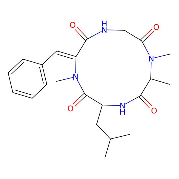2D Structure of 12-Benzylidene-1,6,7-trimethyl-3-(2-methylpropyl)-1,4,7,10-tetrazacyclododecane-2,5,8,11-tetrone 2D Structure of 12-Benzylidene-1,6,7-trimethyl-3-(2-methylpropyl)-1,4,7,10-tetrazacyclododecane-2,5,8,11-tetrone
