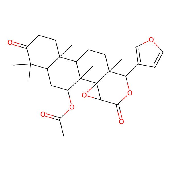 2D Structure of [(1S,2R,4S,7S,8S,11R,12R,17R,19R)-7-(furan-3-yl)-1,8,12,16,16-pentamethyl-5,15-dioxo-3,6-dioxapentacyclo[9.8.0.02,4.02,8.012,17]nonadecan-19-yl] acetate