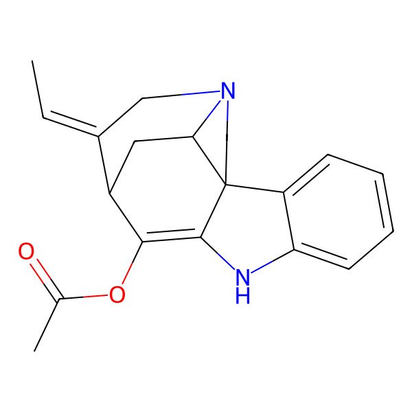 2D Structure of (12-Ethylidene-8,14-diazapentacyclo[9.5.2.01,9.02,7.014,17]octadeca-2,4,6,9-tetraen-10-yl) acetate