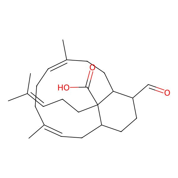 2D Structure of 12-Formyl-4,8-dimethyl-15-(4-methylpent-3-enyl)bicyclo[9.3.1]pentadeca-3,7-diene-15-carboxylic acid