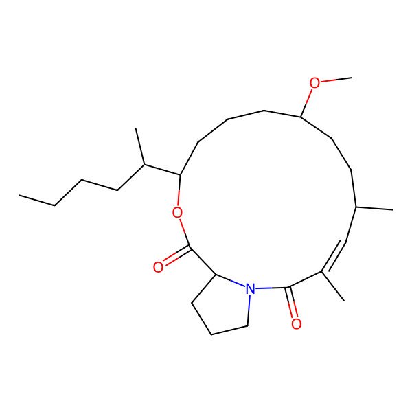 2D Structure of 12-Hexan-2-yl-8-methoxy-3,5-dimethyl-13-oxa-1-azabicyclo[13.3.0]octadec-3-ene-2,14-dione