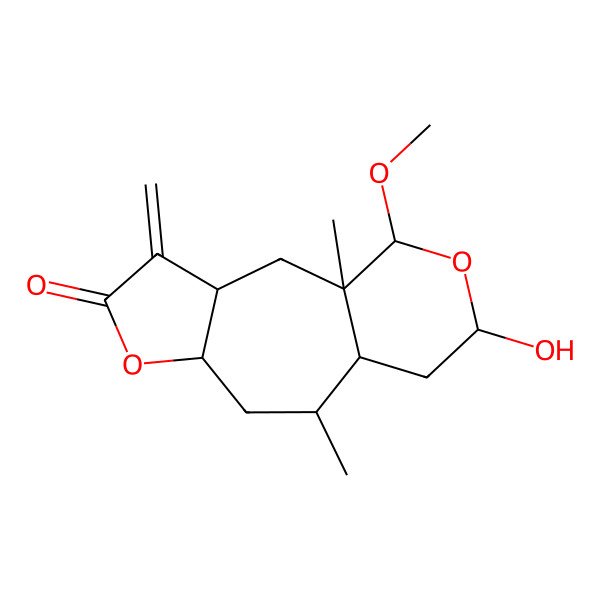 2D Structure of 12-Hydroxy-14-methoxy-1,9-dimethyl-4-methylidene-6,13-dioxatricyclo[8.4.0.03,7]tetradecan-5-one