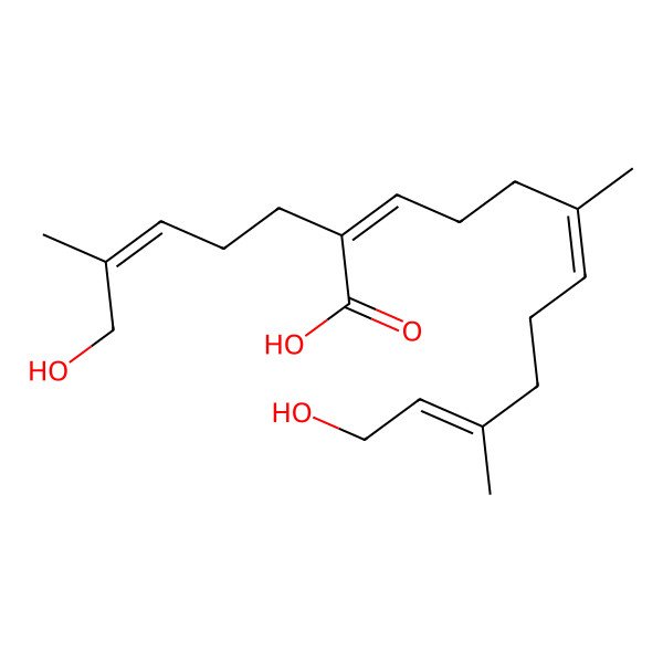 2D Structure of 12-Hydroxy-2-(5-hydroxy-4-methylpent-3-enyl)-6,10-dimethyldodeca-2,6,10-trienoic acid 2D Structure of 12-Hydroxy-2-(5-hydroxy-4-methylpent-3-enyl)-6,10-dimethyldodeca-2,6,10-trienoic acid