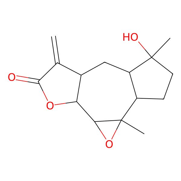 2D Structure of 12-Hydroxy-2,12-dimethyl-8-methylidene-3,6-dioxatetracyclo[9.3.0.02,4.05,9]tetradecan-7-one