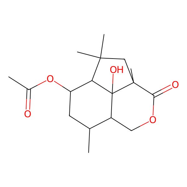 2D Structure of (12-Hydroxy-2,2,4,9-tetramethyl-5-oxo-6-oxatricyclo[6.3.1.04,12]dodecan-11-yl) acetate
