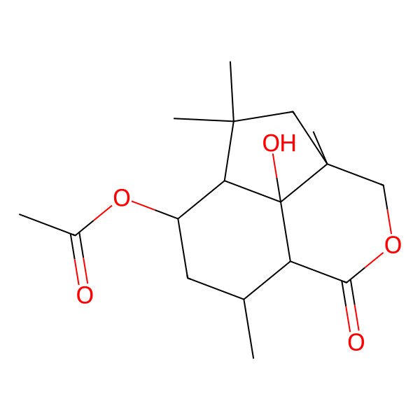 2D Structure of (12-Hydroxy-2,2,4,9-tetramethyl-7-oxo-6-oxatricyclo[6.3.1.04,12]dodecan-11-yl) acetate