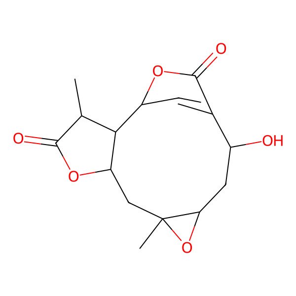 2D Structure of 12-Hydroxy-3,8-dimethyl-5,9,15-trioxatetracyclo[11.2.1.02,6.08,10]hexadec-13(16)-ene-4,14-dione