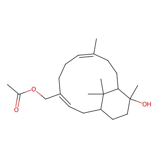 2D Structure of (12-Hydroxy-8,12,15,15-tetramethyl-4-bicyclo[9.3.1]pentadeca-3,7-dienyl)methyl acetate