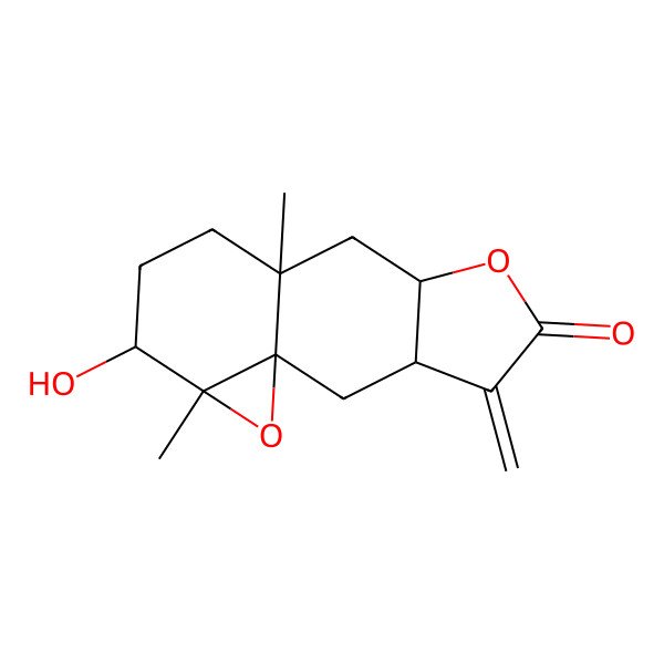 2D Structure of 12-Hydroxy-9,13-dimethyl-4-methylidene-6,14-dioxatetracyclo[7.5.0.01,13.03,7]tetradecan-5-one