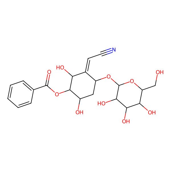 2D Structure of [3-(Cyanomethylidene)-2,6-dihydroxy-4-[3,4,5-trihydroxy-6-(hydroxymethyl)oxan-2-yl]oxycyclohexyl] benzoate