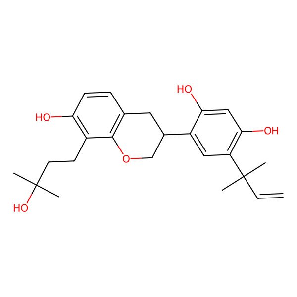 2D Structure of 4-[(3R)-7-hydroxy-8-(3-hydroxy-3-methylbutyl)-3,4-dihydro-2H-chromen-3-yl]-6-(2-methylbut-3-en-2-yl)benzene-1,3-diol