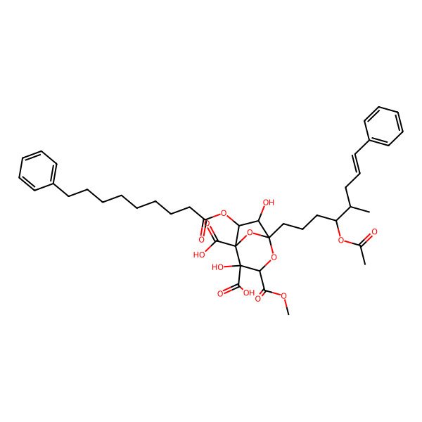 2D Structure of 1-(4-Acetyloxy-5-methyl-8-phenyloct-7-enyl)-4,7-dihydroxy-3-methoxycarbonyl-6-(9-phenylnonanoyloxy)-2,8-dioxabicyclo[3.2.1]octane-4,5-dicarboxylic acid