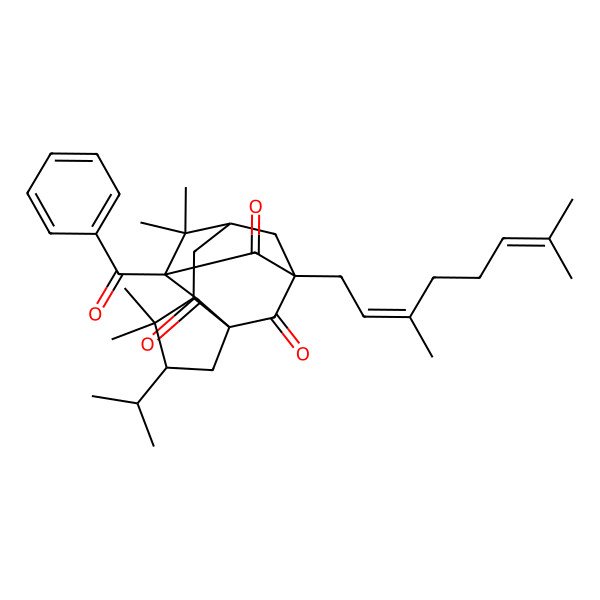 2D Structure of (1S,3S,5S,7R,9S,11R)-9-benzoyl-11-[(2E)-3,7-dimethylocta-2,6-dienyl]-4,4,8,8-tetramethyl-3-propan-2-yltetracyclo[7.3.1.17,11.01,5]tetradecane-10,12,13-trione