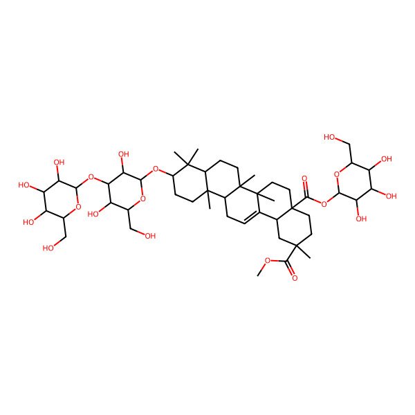 2D Structure of 2-O-methyl 4a-O-[(2S,3R,4S,5S,6R)-3,4,5-trihydroxy-6-(hydroxymethyl)oxan-2-yl] (2S,4aR,6aR,6aR,6bR,8aR,10S,12aR,14bS)-10-[(2R,3R,4S,5R,6R)-3,5-dihydroxy-6-(hydroxymethyl)-4-[(2S,3R,4S,5R,6R)-3,4,5-trihydroxy-6-(hydroxymethyl)oxan-2-yl]oxyoxan-2-yl]oxy-2,6a,6b,9,9,12a-hexamethyl-1,3,4,5,6,6a,7,8,8a,10,11,12,13,14b-tetradecahydropicene-2,4a-dicarboxylate