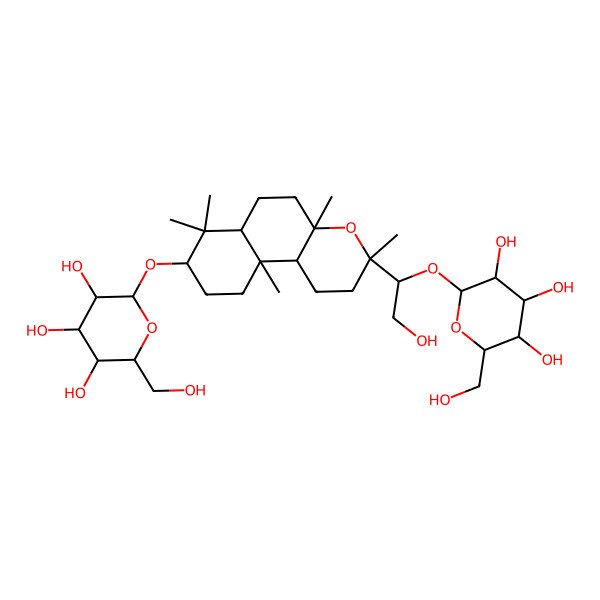 2D Structure of 2-(hydroxymethyl)-6-[[3-[2-hydroxy-1-[3,4,5-trihydroxy-6-(hydroxymethyl)oxan-2-yl]oxyethyl]-3,4a,7,7,10a-pentamethyl-2,5,6,6a,8,9,10,10b-octahydro-1H-benzo[f]chromen-8-yl]oxy]oxane-3,4,5-triol