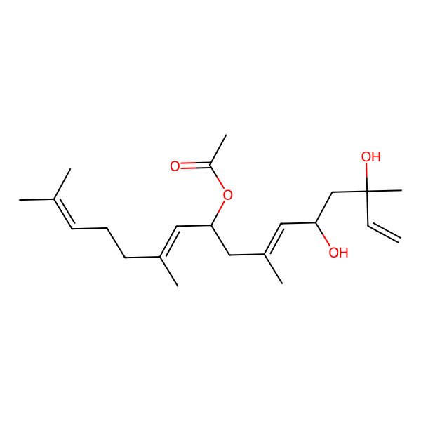2D Structure of (12,14-Dihydroxy-2,6,10,14-tetramethylhexadeca-2,6,10,15-tetraen-8-yl) acetate 2D Structure of (12,14-Dihydroxy-2,6,10,14-tetramethylhexadeca-2,6,10,15-tetraen-8-yl) acetate