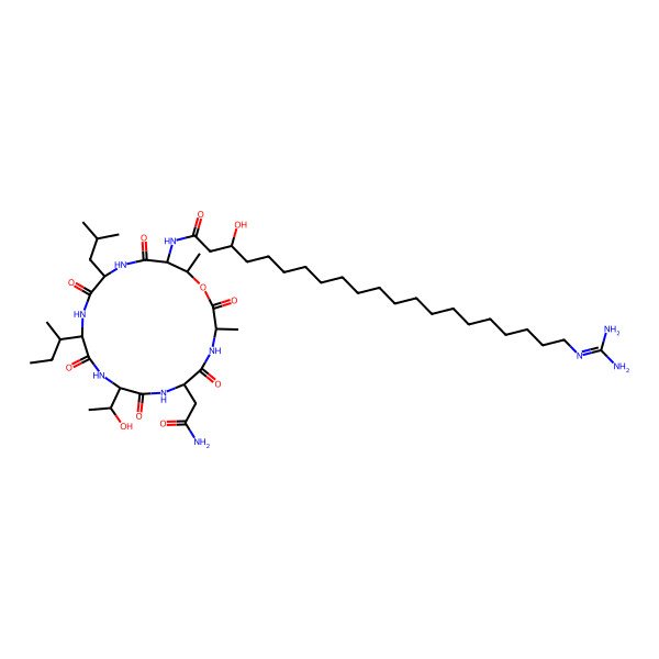2D Structure of (3R)-N-[(3R,6R,9R,12S,15R,18S,19R)-6-(2-amino-2-oxoethyl)-12-[(2R)-butan-2-yl]-9-[(1R)-1-hydroxyethyl]-3,19-dimethyl-15-(2-methylpropyl)-2,5,8,11,14,17-hexaoxo-1-oxa-4,7,10,13,16-pentazacyclononadec-18-yl]-21-(diaminomethylideneamino)-3-hydroxyhenicosanamide
