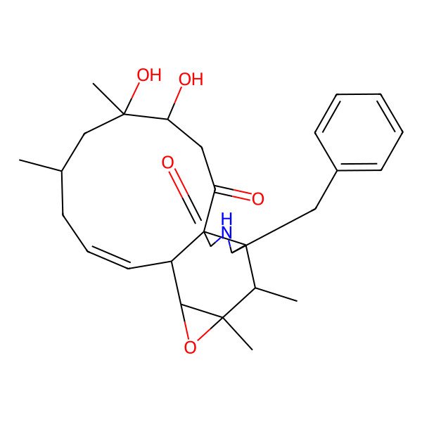 2D Structure of (11)-cytochalasa-13-ene-1,21-dione-6,7-epoxy-18,19-dihydroxy-16,18-dimethyl-10-phenyl-(7S*,13E,16S*,18S*,19R*)