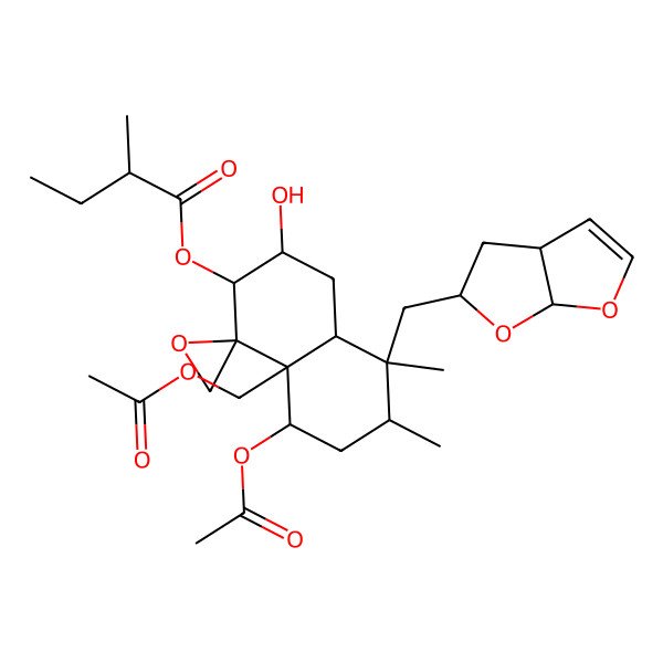 2D Structure of [5-(3a,4,5,6a-tetrahydrofuro[2,3-b]furan-5-ylmethyl)-8-acetyloxy-8a-(acetyloxymethyl)-3-hydroxy-5,6-dimethylspiro[3,4,4a,6,7,8-hexahydro-2H-naphthalene-1,2'-oxirane]-2-yl] 2-methylbutanoate