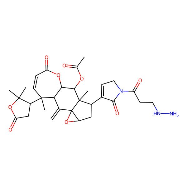 2D Structure of [15-(2,2-dimethyl-5-oxooxolan-3-yl)-7-[1-(3-hydrazinylpropanoyl)-5-oxo-2H-pyrrol-4-yl]-8,15-dimethyl-2-methylidene-12-oxo-4,11-dioxatetracyclo[8.5.0.03,5.03,8]pentadec-13-en-9-yl] acetate