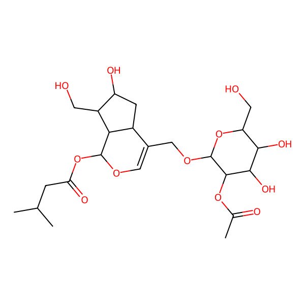 2D Structure of [4-[[3-Acetyloxy-4,5-dihydroxy-6-(hydroxymethyl)oxan-2-yl]oxymethyl]-6-hydroxy-7-(hydroxymethyl)-1,4a,5,6,7,7a-hexahydrocyclopenta[c]pyran-1-yl] 3-methylbutanoate