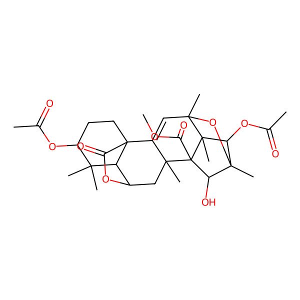 2D Structure of Methyl 6,15-diacetyloxy-8-hydroxy-4,5,7,10,14,14-hexamethyl-18-oxo-19,20-dioxahexacyclo[10.5.2.14,7.01,13.02,10.05,9]icos-2-ene-9-carboxylate