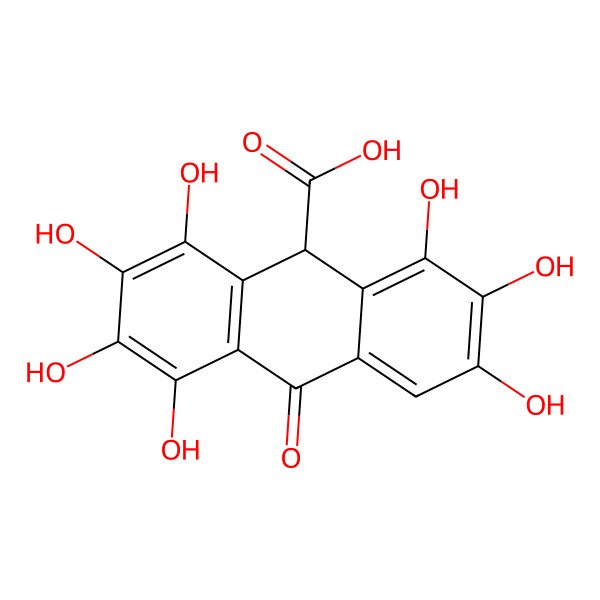 2D Structure of 1,2,3,4,6,7,8-heptahydroxy-10-oxo-9H-anthracene-9-carboxylic acid