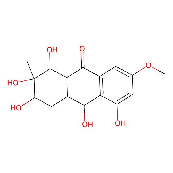 2D Structure of 1,2,3,5,10-Pentahydroxy-7-methoxy-2-methyl-1,3,4,4a,9a,10-hexahydroanthracen-9-one