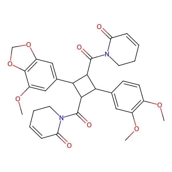 2D Structure of 1-[2-(3,4-Dimethoxyphenyl)-4-(7-methoxy-1,3-benzodioxol-5-yl)-3-(6-oxo-2,3-dihydropyridine-1-carbonyl)cyclobutanecarbonyl]-2,3-dihydropyridin-6-one