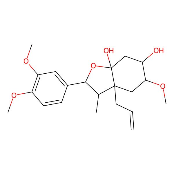 2D Structure of (2R,3S,3aR,5R,6S,7aS)-2-(3,4-dimethoxyphenyl)-5-methoxy-3-methyl-3a-prop-2-enyl-2,3,4,5,6,7-hexahydro-1-benzofuran-6,7a-diol
