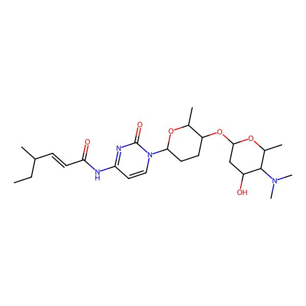 2D Structure of (E)-N-[1-[(2R,5S,6R)-5-[(4S,5S,6R)-5-(dimethylamino)-4-hydroxy-6-methyloxan-2-yl]oxy-6-methyloxan-2-yl]-2-oxopyrimidin-4-yl]-4-methylhex-2-enamide
