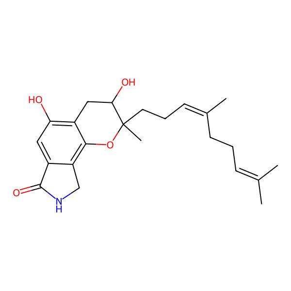 2D Structure of (2S,3S)-2-(4,8-dimethylnona-3,7-dienyl)-3,5-dihydroxy-2-methyl-3,4,8,9-tetrahydropyrano[2,3-e]isoindol-7-one