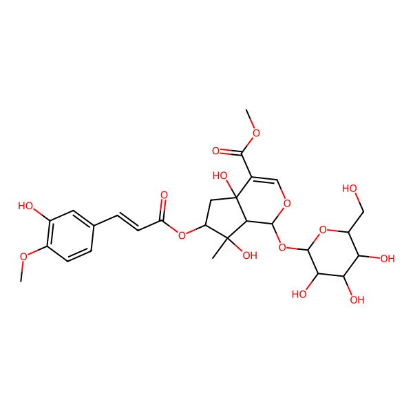 2D Structure of methyl (1S,4aR,6S,7R,7aS)-4a,7-dihydroxy-6-[(E)-3-(3-hydroxy-4-methoxyphenyl)prop-2-enoyl]oxy-7-methyl-1-[(2S,3R,4S,5S,6R)-3,4,5-trihydroxy-6-(hydroxymethyl)oxan-2-yl]oxy-1,5,6,7a-tetrahydrocyclopenta[c]pyran-4-carboxylate