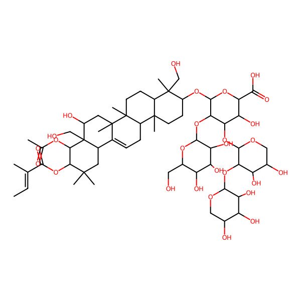 2D Structure of (2S,3S,4S,5R,6R)-6-[[(3S,4R,6aR,6bS,8R,8aR,9R,10R,14bR)-9-acetyloxy-8-hydroxy-4,8a-bis(hydroxymethyl)-4,6a,6b,11,11,14b-hexamethyl-10-(2-methylbut-2-enoyloxy)-1,2,3,4a,5,6,7,8,9,10,12,12a,14,14a-tetradecahydropicen-3-yl]oxy]-4-[(2S,3R,4S,5S)-4,5-dihydroxy-3-[(2S,3R,4S,5R)-3,4,5-trihydroxyoxan-2-yl]oxyoxan-2-yl]oxy-3-hydroxy-5-[(2R,3R,4S,5R,6R)-3,4,5-trihydroxy-6-(hydroxymethyl)oxan-2-yl]oxyoxane-2-carboxylic acid