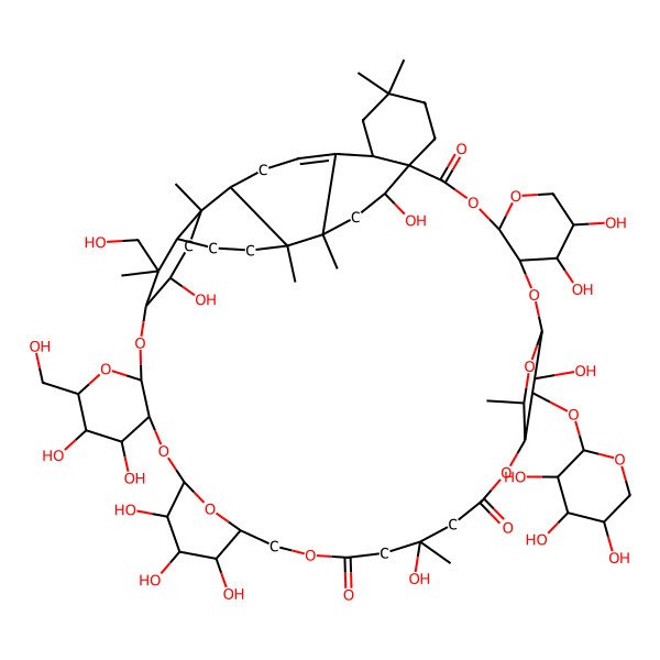 2D Structure of (1R,4S,7S,8S,9R,11S,13S,14S,18S,23R,24S,25S,26R,27S,29R,30S,31S,32R,34R,36R,37S,39R,40R,43R,44R,48S,53R,55S,58S,59R)-7,8,18,24,25,26,30,31,37,53,59-undecahydroxy-32,56-bis(hydroxymethyl)-13,18,39,43,50,50,55,56-octamethyl-58-[(2S,3R,4S,5R)-3,4,5-trihydroxyoxan-2-yl]oxy-3,5,10,12,15,21,28,33,35,57-decaoxadecacyclo[41.9.3.211,14.123,27.136,40.01,48.04,9.029,34.039,44.047,55]nonapentacont-46-ene-2,16,20-trione