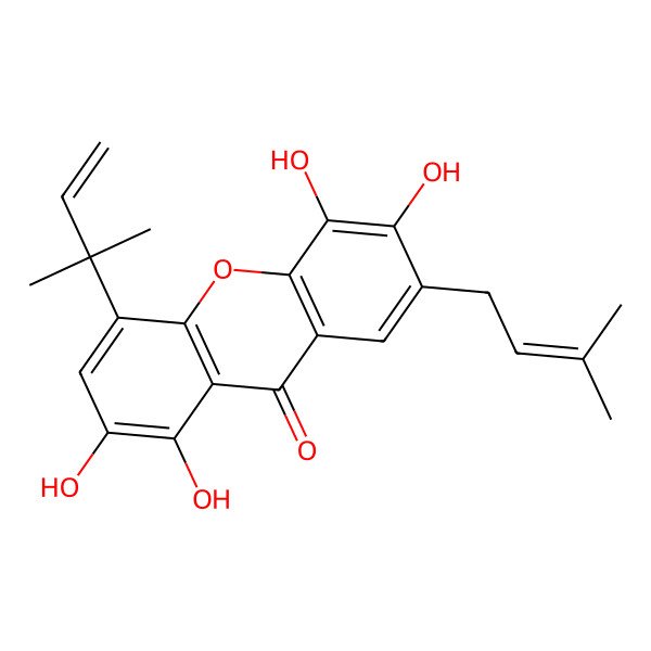 2D Structure of 1,2,5,6-Tetrahydroxy-4-(2-methylbut-3-en-2-yl)-7-(3-methylbut-2-enyl)xanthen-9-one