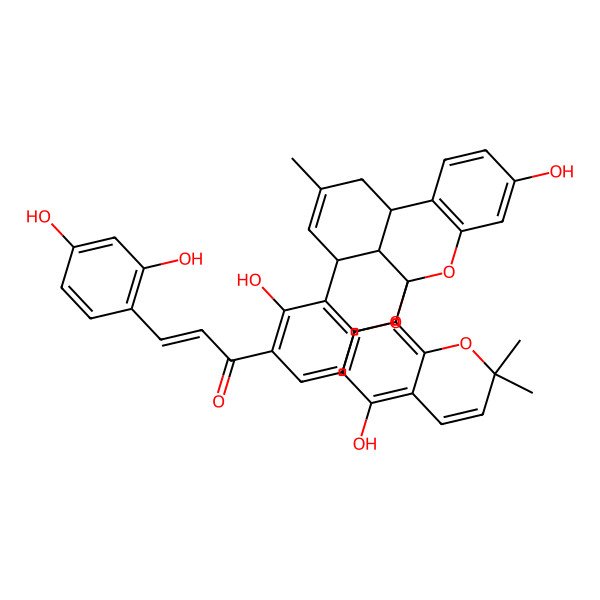 2D Structure of (E)-1-[(1R,9S,13S,21R)-7,17-dihydroxy-1-(5-hydroxy-2,2-dimethylchromen-8-yl)-11-methyl-2,20-dioxapentacyclo[11.7.1.03,8.09,21.014,19]henicosa-3(8),4,6,10,14(19),15,17-heptaen-6-yl]-3-(2,4-dihydroxyphenyl)prop-2-en-1-one