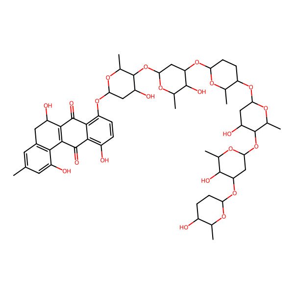 2D Structure of (6R)-1,6,11-Trihydroxy-8-[(2S,4R,5R,6R)-4-hydroxy-5-[(2S,4R,5R,6R)-5-hydroxy-4-[(2S,5S,6S)-5-[(2S,4R,5R,6R)-4-hydroxy-5-[(2S,4R,5R,6R)-5-hydroxy-4-[(2S,5S,6S)-5-hydroxy-6-methyloxan-2-yl]oxy-6-methyloxan-2-yl]oxy-6-methyloxan-2-yl]oxy-6-methyloxan-2-yl]oxy-6-methyloxan-2-yl]oxy-6-methyloxan-2-yl]oxy-3-methyl-5,6-dihydrobenzo[a]anthracene-7,12-dione